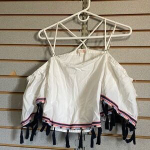 GB White Off Shoulder Tassel Crop Top Spaghetti Strap XL Boho Festival‎